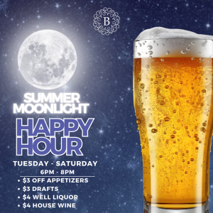 Graphic showing the Summer Moonlight Happy Hour Specials alongside a Pint of Ice Cold Beer in the Moonlight.